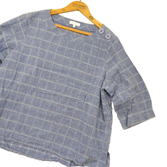 Habitat Linen Blend Boat Neck Top Size L Blue Check Nautical Half Sleeve - Picture 2 of 8